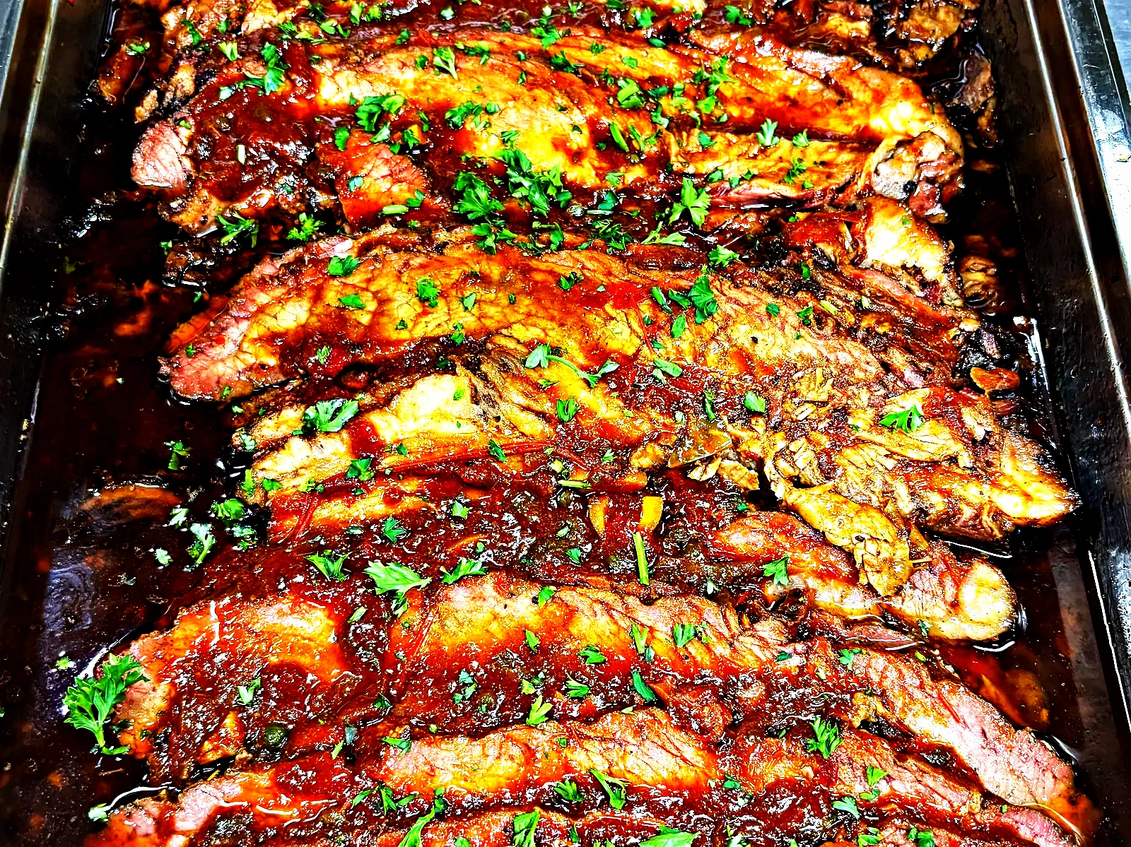 Sliced braised brisket in gravy